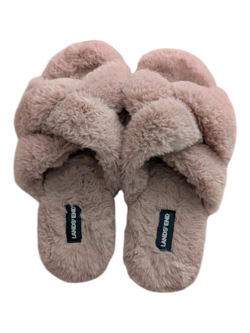 Lands' End Dusty Rose Pink Fluffy Faux Fur Crisscross Slide Slippers 8